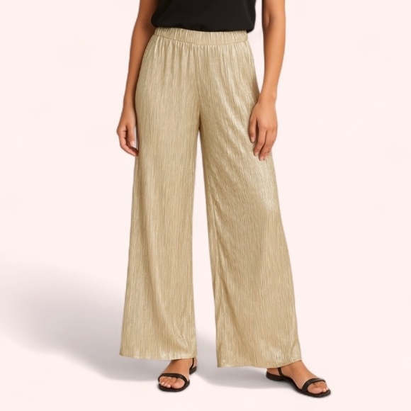 Wide Leg Gold Tinsel Shimmering Pants by Adrienne Landau NWOT Size M Sample Sale - Picture 1 of 8